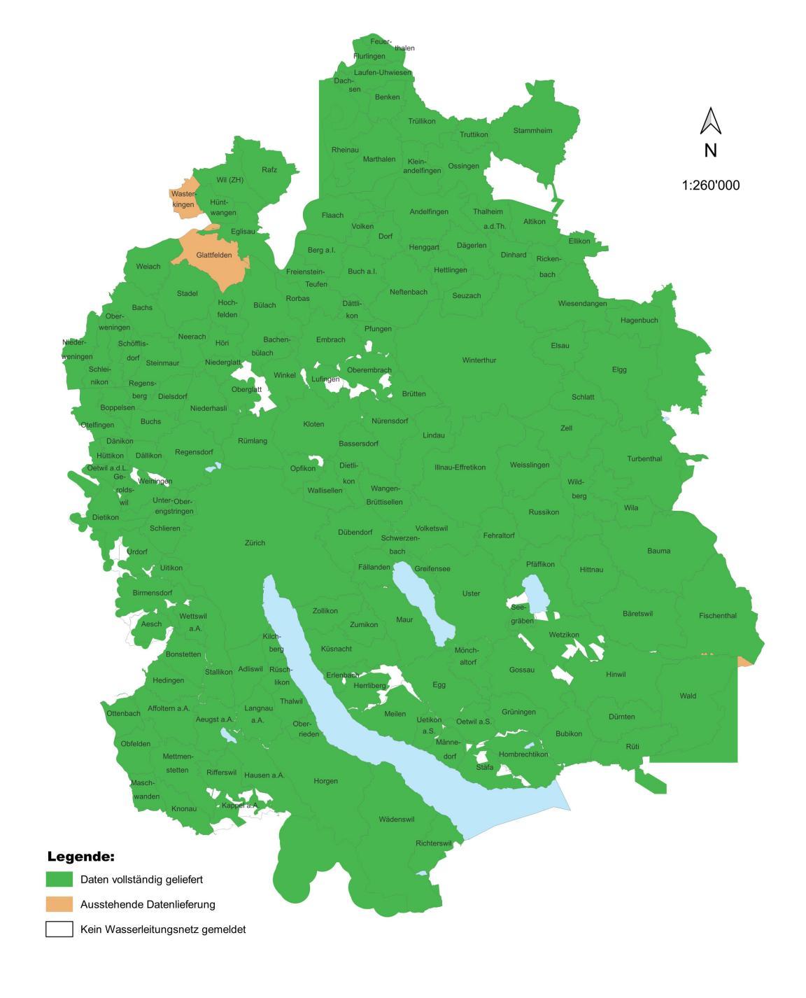 Karte des Kantons Zürich mit Datenbestand Medium Wasser im Leitungskataster per Mai 2024. In Grün die Gemeinden, die die Daten vollständig geliefert haben, in Orange diejengen, bei denen die Datenlieferung noch aussteht.