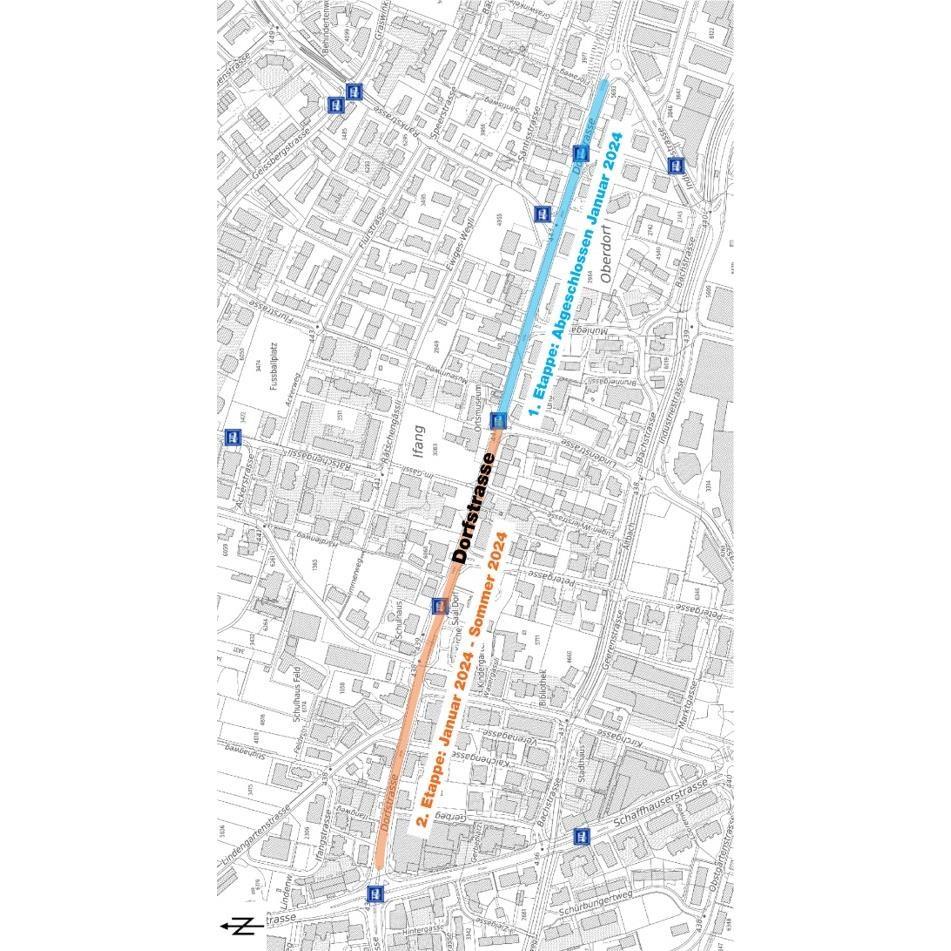 Karte der beiden Bauetappen für die Sanierung der Dorfstrasse in Kloten.  Die erste Bauetappe erstreckt sich vom Swiss-Kreisel bis zur Einmündung Lindenstrasse.