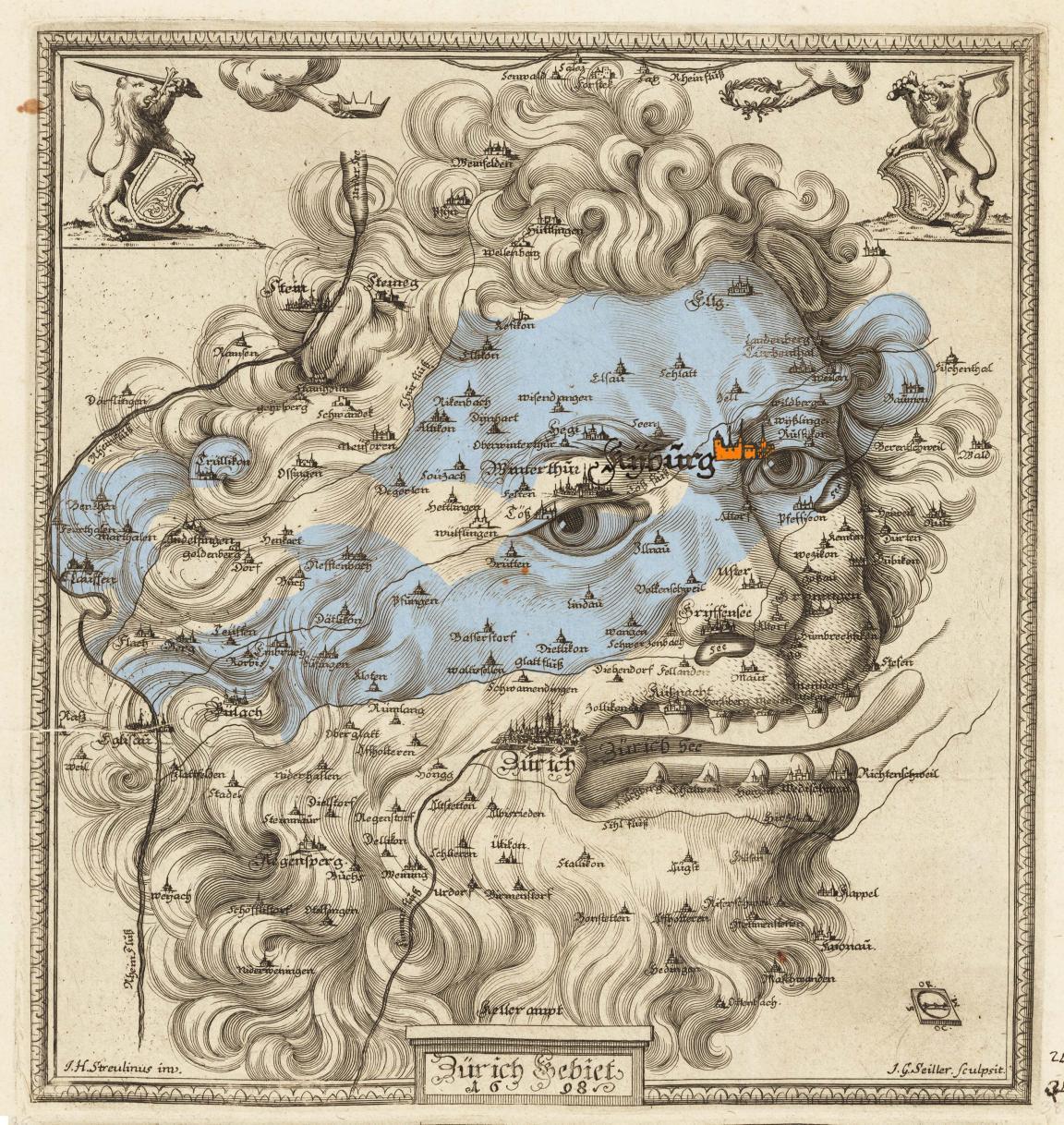 Alte Zürcher-Karte von 1698 mit stilisiertem Löwenkopf.