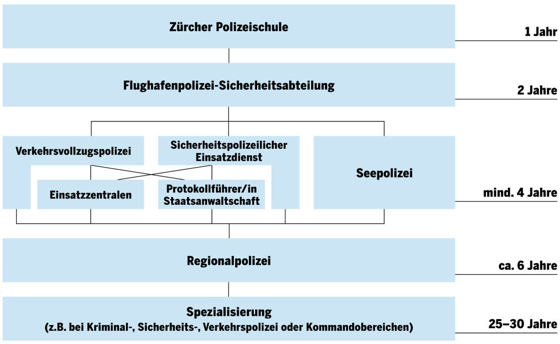 Polizistin und Polizist - Die Laufbahn als Grafik. Nach einem Jahr Zürcher Polizeischule ZHPS folgen 2 Jahre bei der Flughafen-Sicherheitsabteilung. Danach können während weiterer 2 bis 5 Jahren die Tätigkeiten bei der Verkehrsvollzugspolizei, dem Sicherheitspolizeilichen Einsatzdienst, als Protokollführer/in Staatsanwaltschaft oder bei der Seepolizei in Betracht kommen. Während weiterer ca. 6 Jahren bei der Regionalpolizei folgt eine Spezialisierung, beispielsweise bei der Kriminalpolizei. Eine Laufbahn dauert in der Regel ca. 40 Jahre.