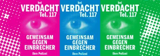 Flyer Aktion «Bei Verdacht Tel. 117 – Gemeinsam gegen Einbrecher» in leuchtenden Farben.