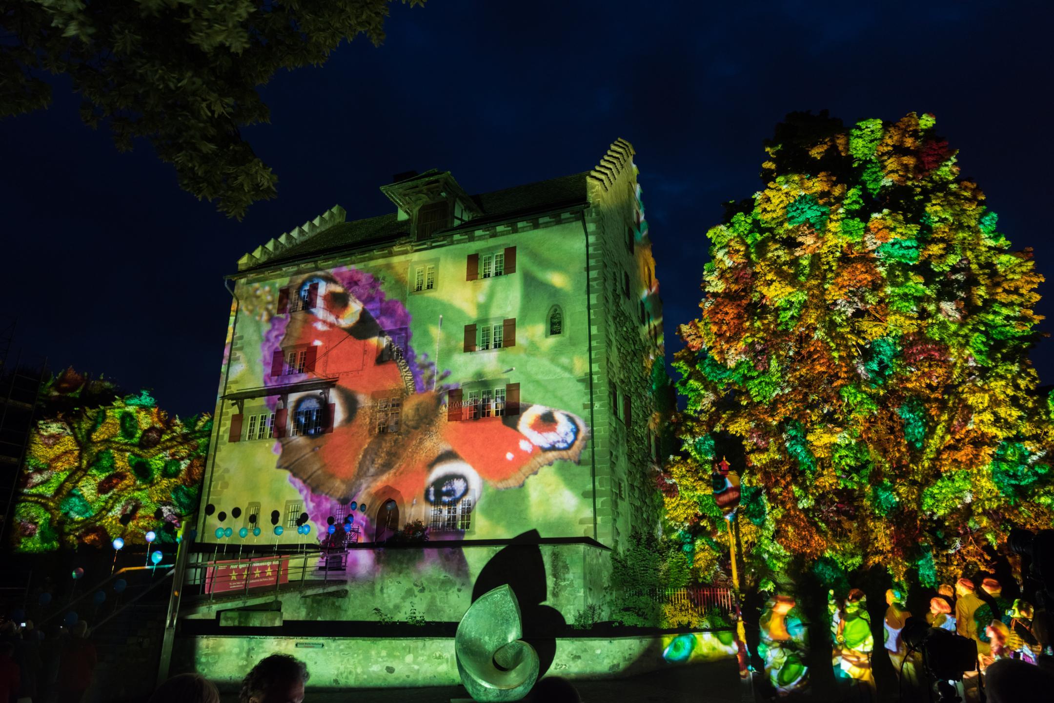 Die Lichtprojektion «Tagpfauenauge» an die Fassade des Schloss Greifensee: Ein Bild der Lichtshow von Gerry Hofstetter.