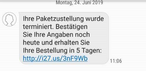  Aufnahme (Screenshot): «SMS Paketzustellung».
