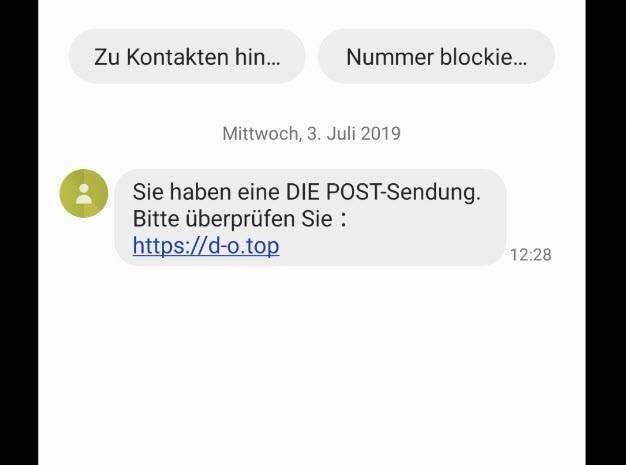  Aufnahme (Screenshot): «Mögliche SMS mit Postzustellung».