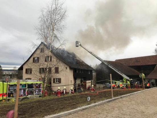 Foto der Löscharbeiten mit Tanklöschfahrzeug und Autodrehleiter