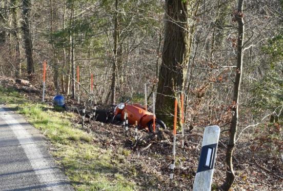 Motorrad liegt neben der Strasse im Wald