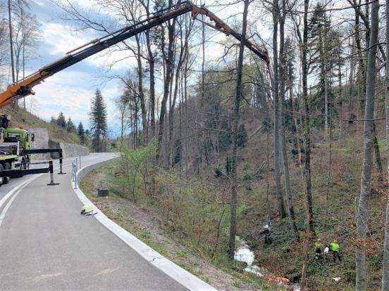 mobiler Kran hebt Motorrad aus dem Wald neben der Strasse