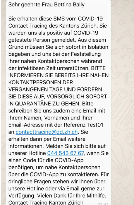 SMS des Contact Tracing Teams an Personen mit positiven Testergebnissen
