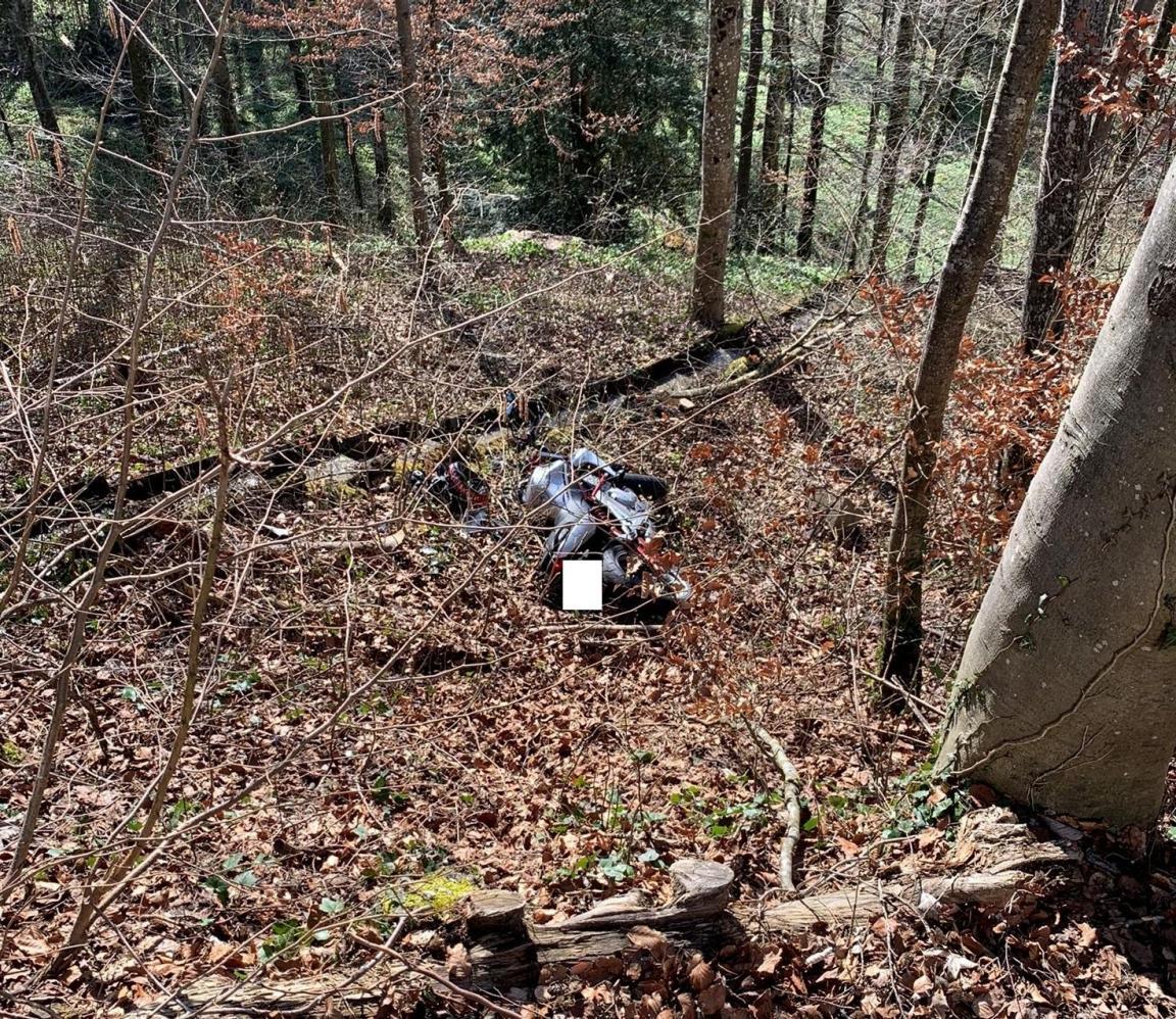 Verunfalltes Motorrad in einer steilen Waldböschung