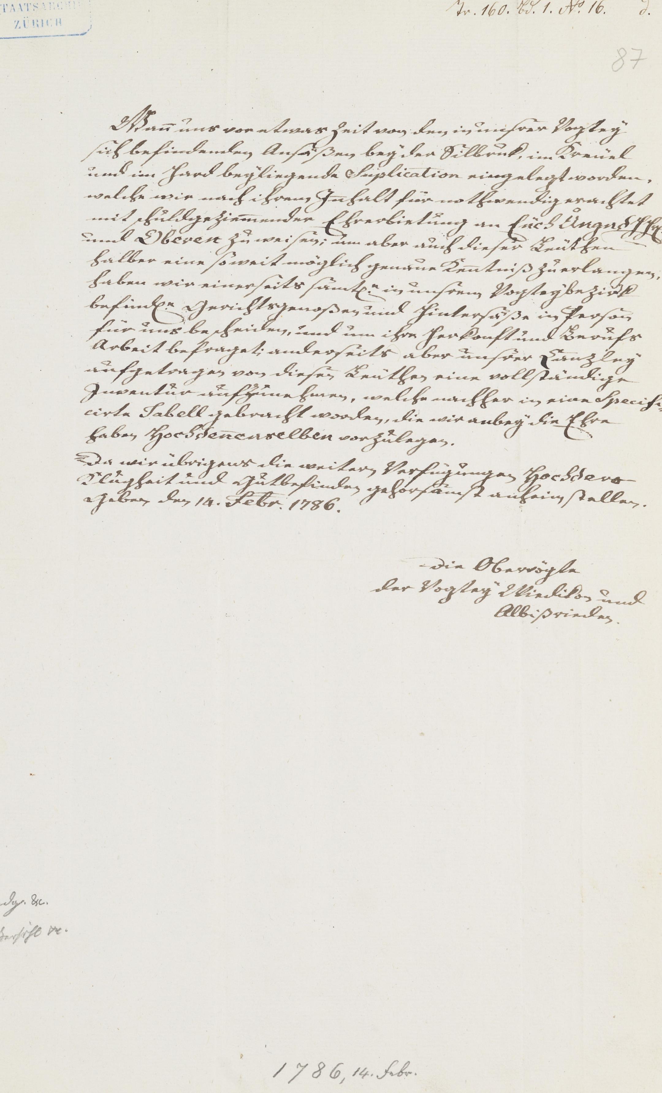 1786 überweisen die Obervögte von Wiedikon und Albisrieden das Gesuch von Aussersihl, eine eigene Gemeinde zu bilden, an die Obrigkeit weiter.