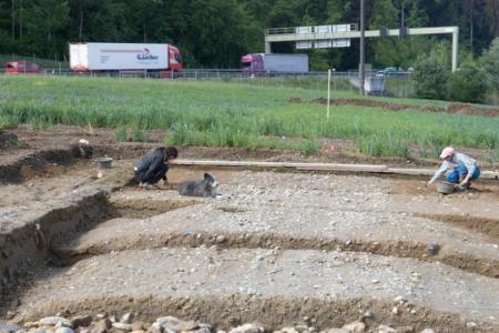 Ausgräber und Archäologinnen legen die römische Fernstrasse bei Wiesendangen frei. Im Hintergrund rauscht ihre moderne Nachfolgerin, die Autobahn A1. 