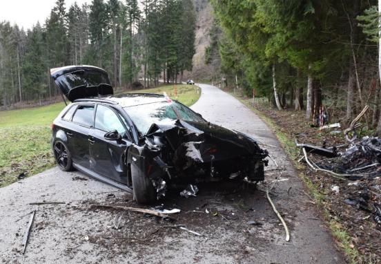 Das Unfallfahrzeug liegt auf der Strasse. Der ausgebrannte Motorblock liegt daneben am Baum