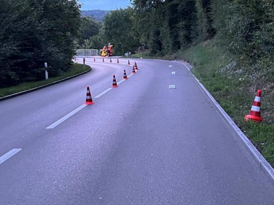 Strasse mit einer Linkskurve, in der Strassenmitte ist Pylonen gestellt um den Verkehr von der Unfallstelle zu trennen. 
