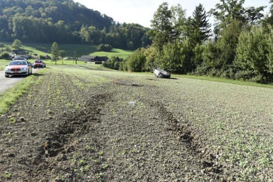 Das verunfallte Auto liegt auf dem Dach im Feld.