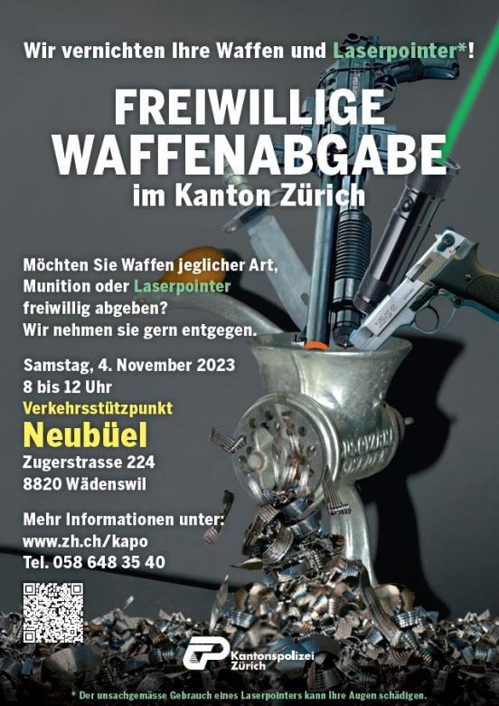 Aktionsplakat der Kantonspolizei Zürich zur freiwilligen Waffenabgabe, Fleischwolf vernichtet Waffen
