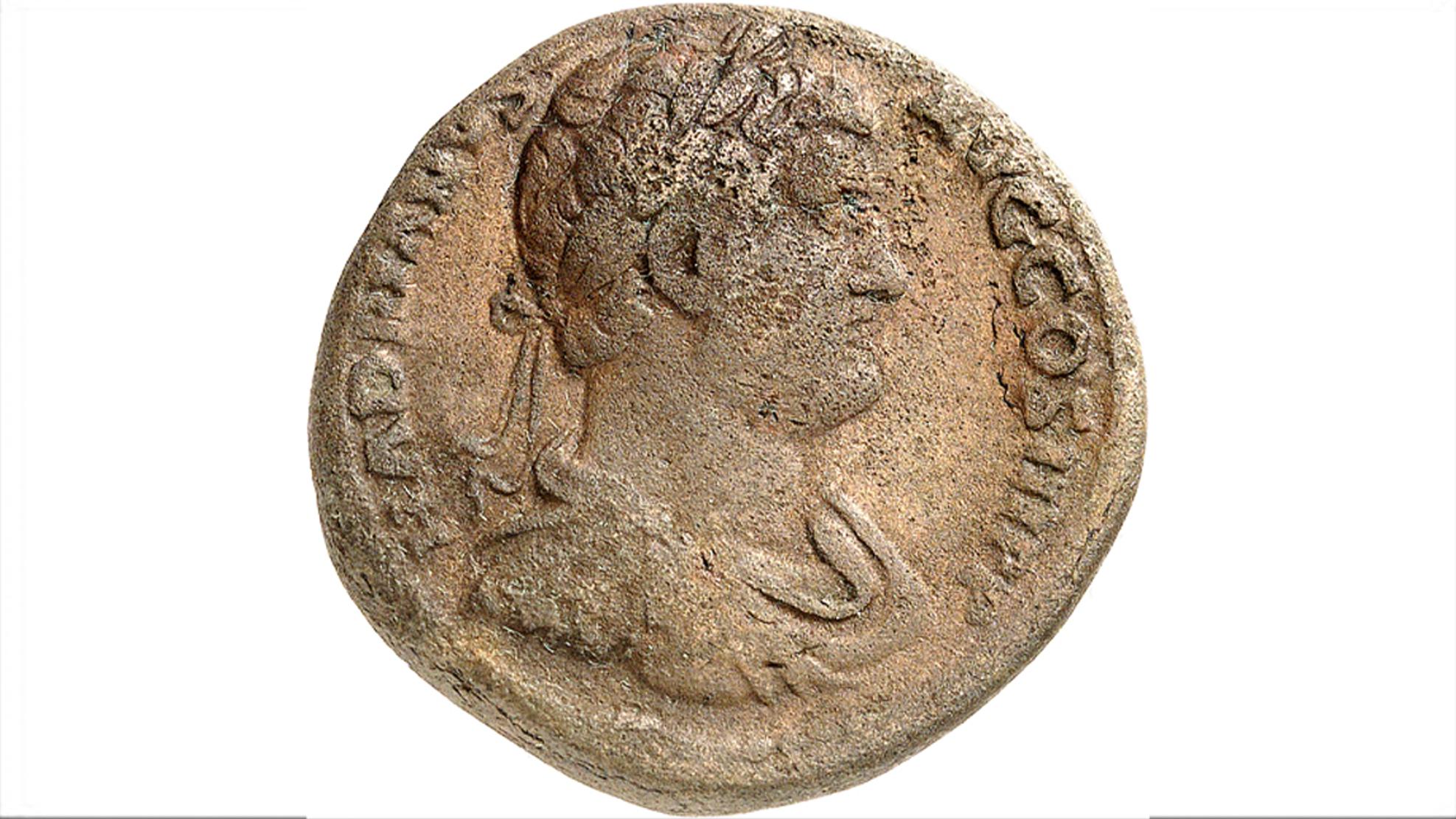 Römische Münze aus einem Münzschatz, der 1880 in Bäretswil entdeckt wurde und zeitweise als verschollen galt.