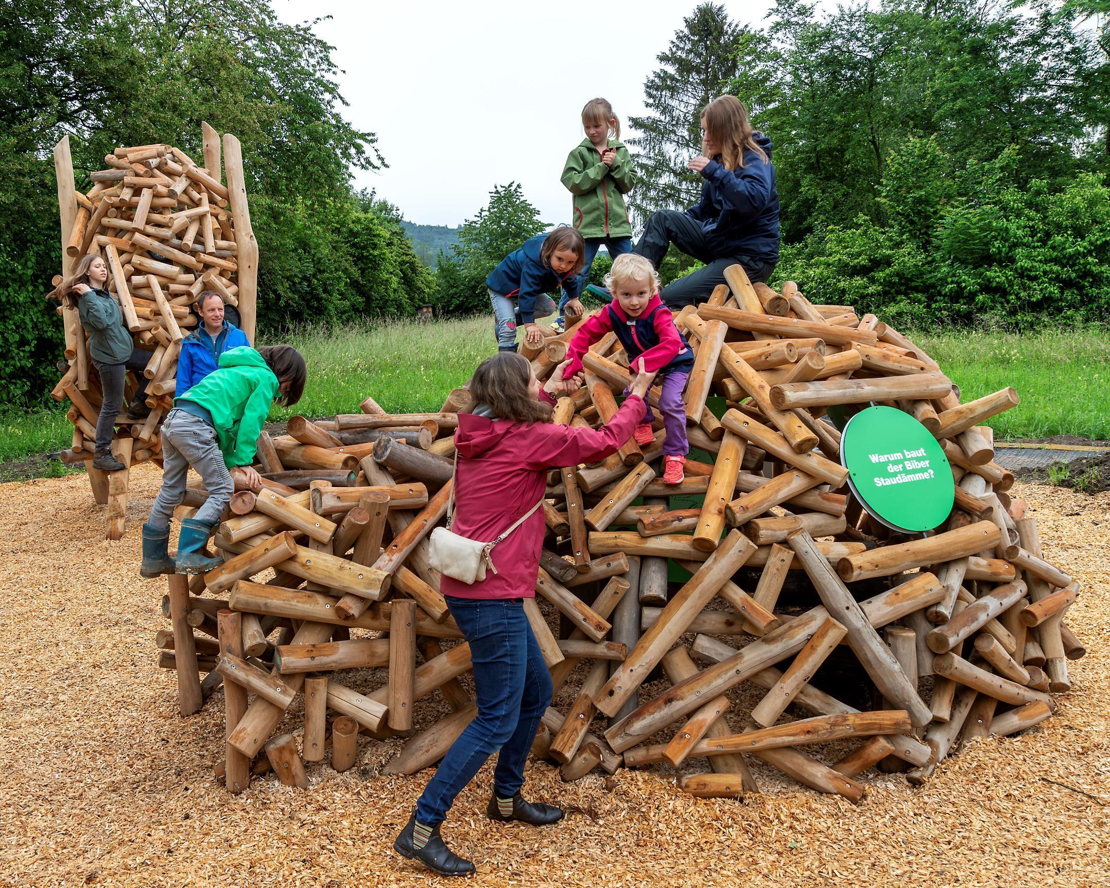 Kinder klettern über eine als Biberburg gestaltete Kletterstation