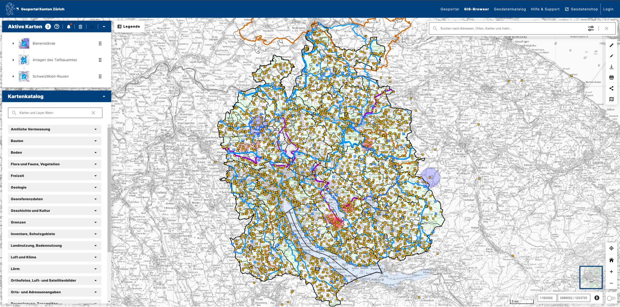 Detaillierter Aus-schnitt der Stadt Zürich im neuen GIS-Browser