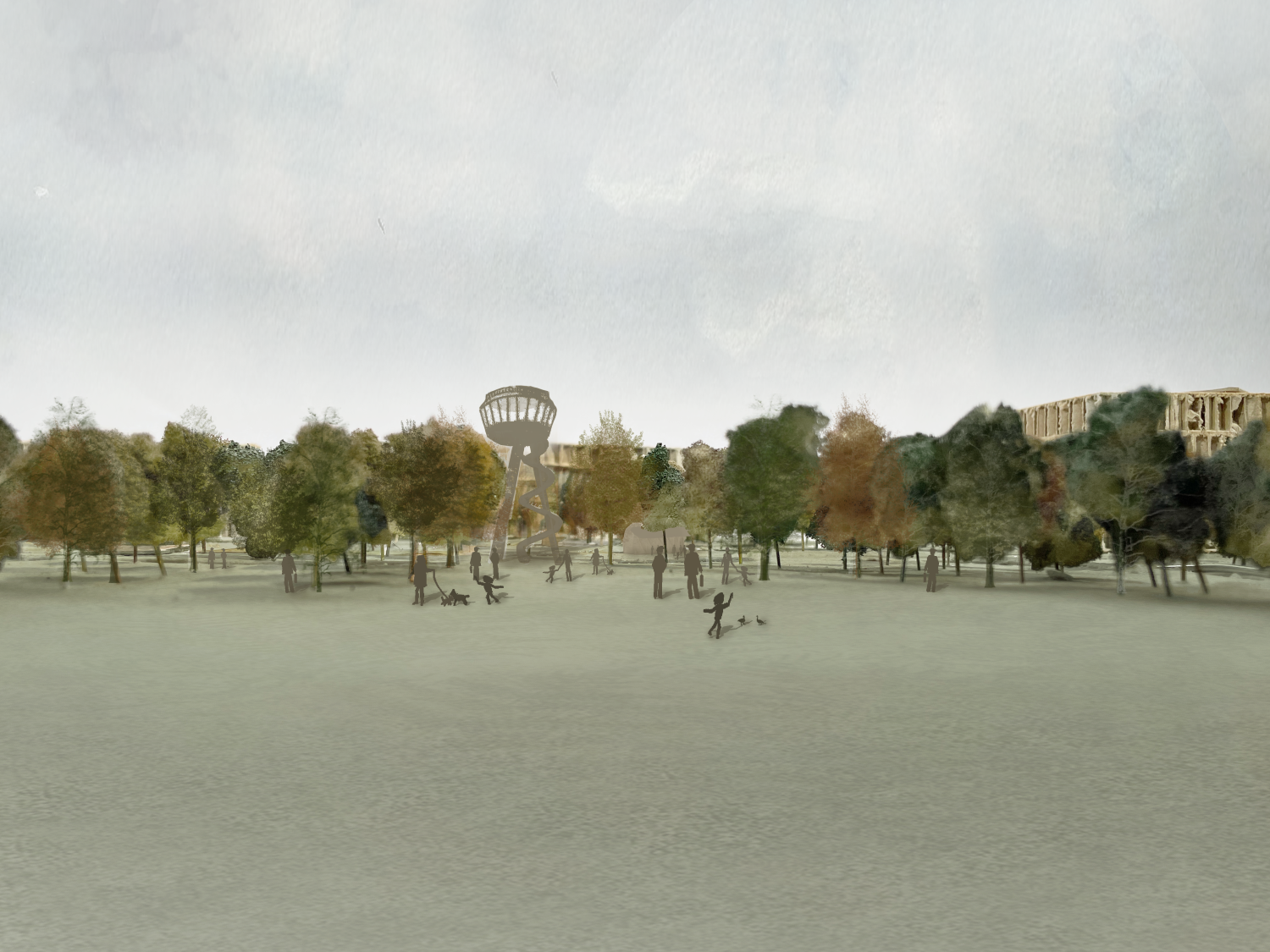 Visualisierung des Flugfeldparks mit dem geplanten Aussichts- und Beobachtungsturm