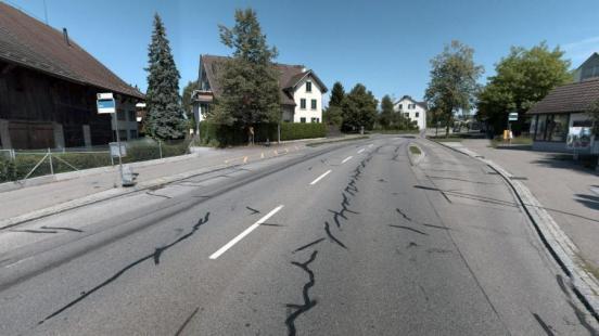 Strasse mit schwarzen Flickstellen durch ein Dorf mit einzelnen Bäumen auf der Seite.