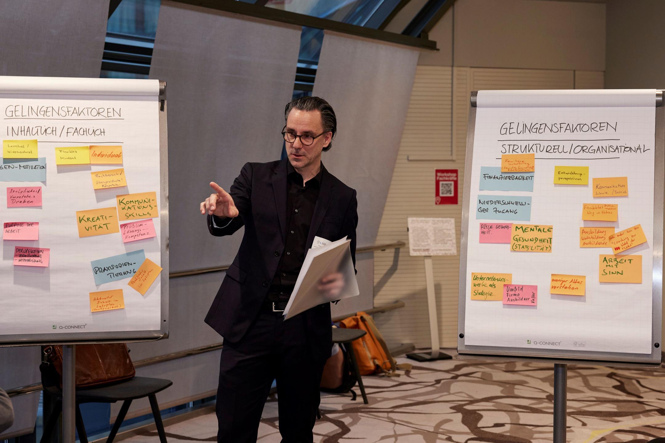 Ein schlanker Mann im schwarzen Anzug und mit Brille steht vor zwei Flipcharts, auf denen Post-it’s aufgeklebt sind. Er spricht zu Personen, die nicht auf dem Bild zu sehen sind.