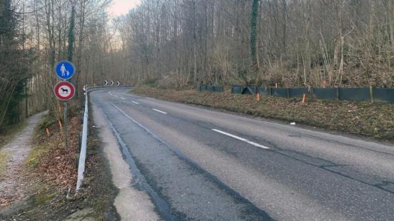 Strasse im Wald mit einer Rechtskurve; auf der linken Seite hat es einen Fussweg mit einer Signalisation.