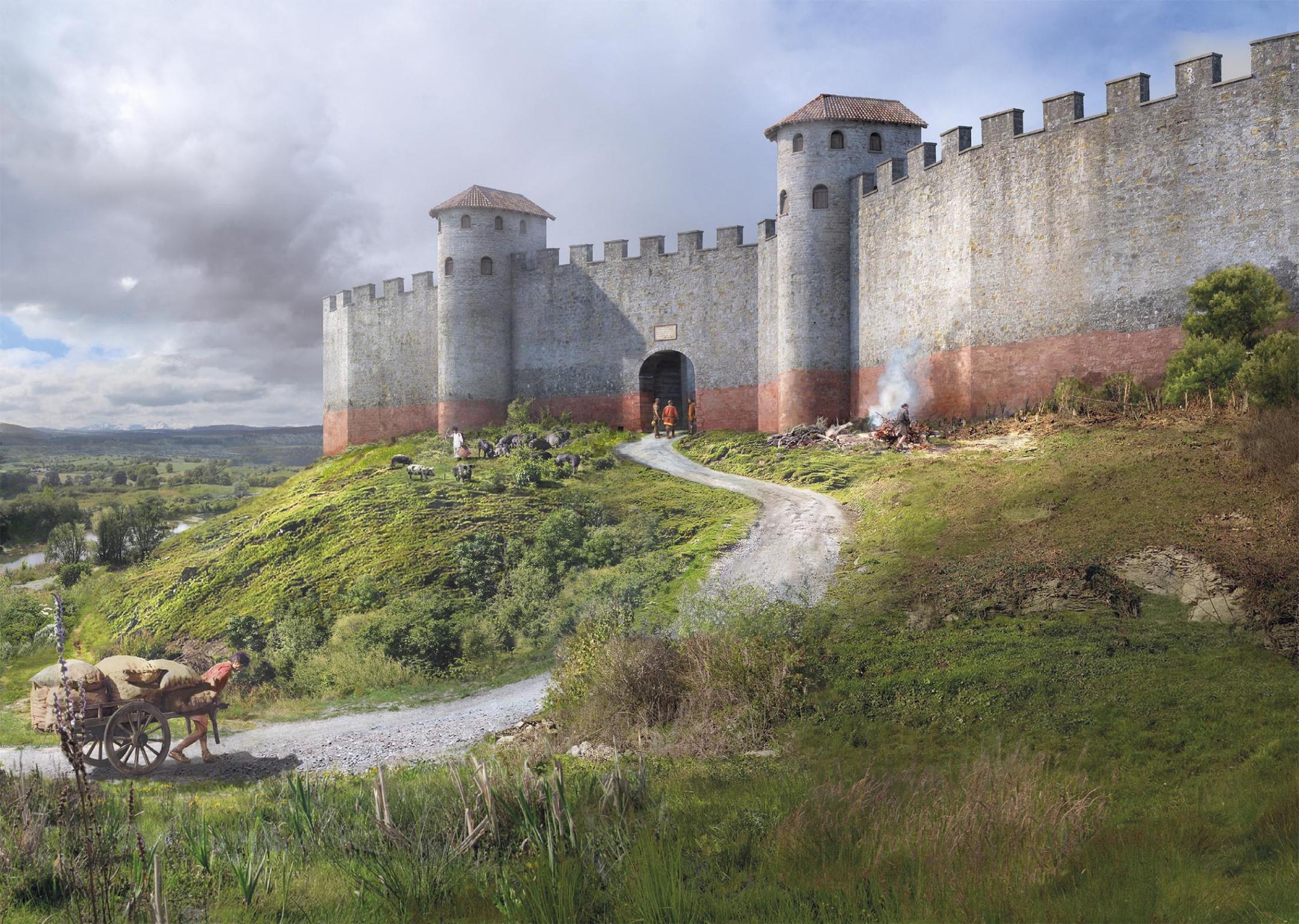 Visualisierung der Befestigungsanlage aus der Spätantike auf dem heutigen Kirchhügel.