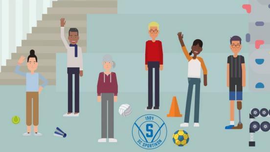 Ein animiertes Bild mit diversen Personen und Sportgeräten