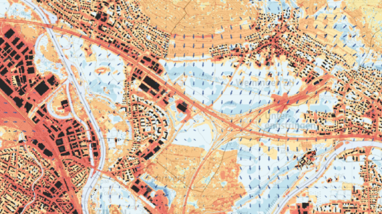 Der Kartenausschnitt zeigt einen Teil der Gemeinden Weiningen, Dietikon und Unterengstringen. Gebiete, in denen es auch nachts heiss bleibt, sind rot eingefärbt. Blaue Pfeile zeigen, wo kühlende Luftströme fliessen.