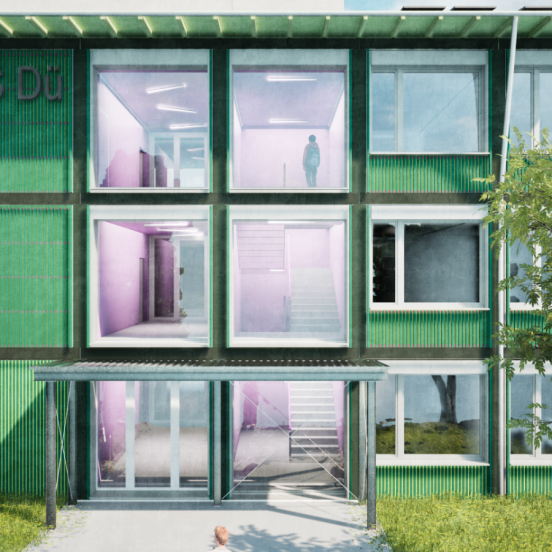 Visualisierung des Eingangsbereichs eines Holzmodulbaus, der am Standort Dübendorf umgesetzt wird.