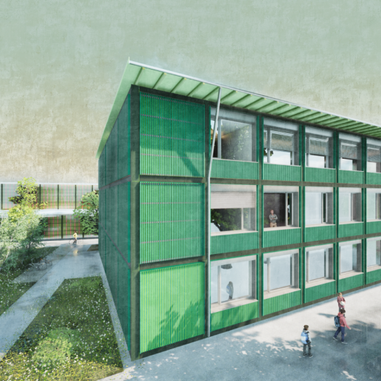 Visualisierung der Fassade eines Holzmodulbaus, der am Standort Dübendorf umgesetzt wird.