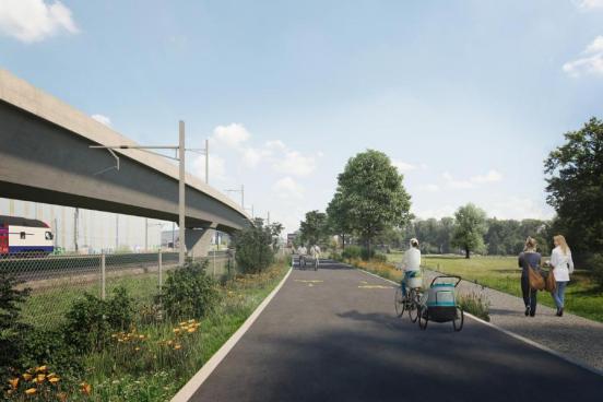 Visualisierung der Velobahn in Wallisellen, auf der Velosfahren. Links davon sind die Gleise, rechts davon ein abgetrennter Fussweg.