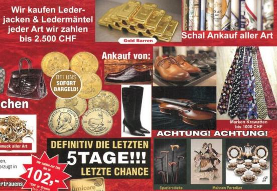 Ausschnitt eines Flyers zum Ankauf von Altgold etc, auf dem Goldmünzen und -barren, Schuhe, Taschen und Krawatten abgebildet sind.