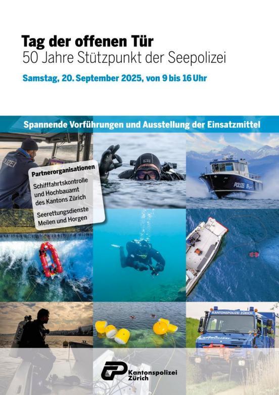 Collage mit neun Bildern aus dem Alltag der Seepolizei sowie Informationen zum Anlass