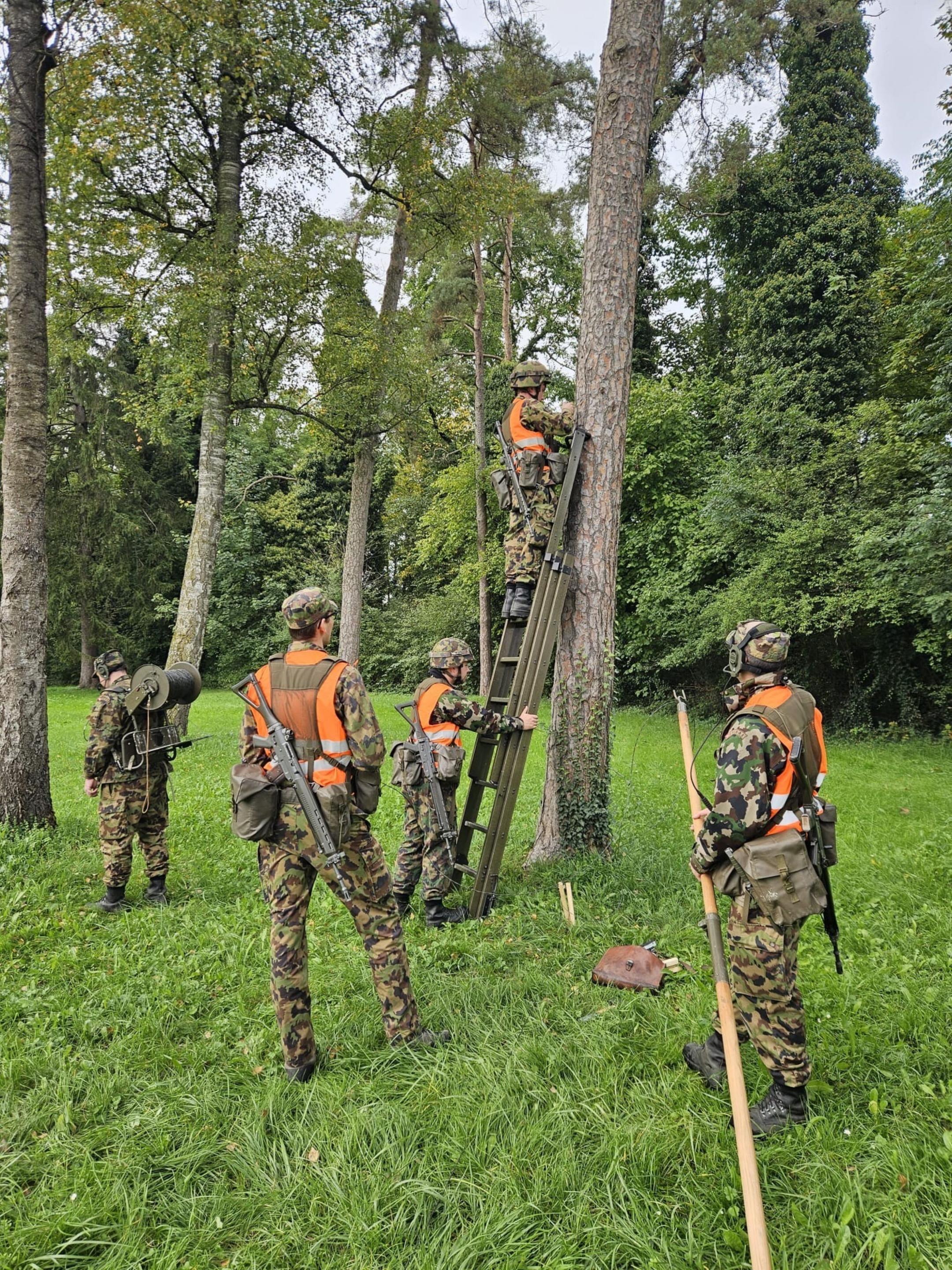 Soldaten beim Betrieb einer Relais-Station in einem Wald.
