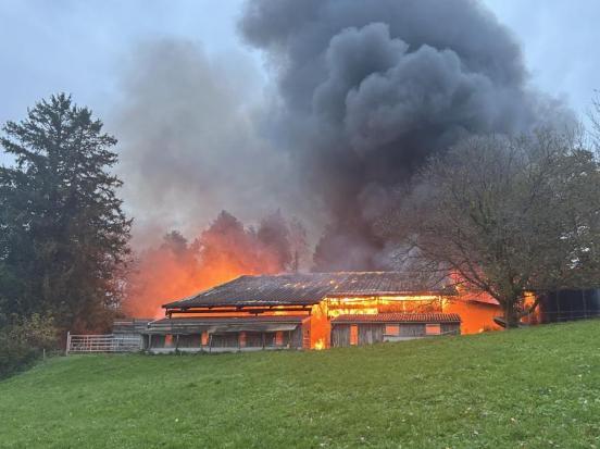 Ein Stall an einem Hügel steht in Vollbrand und es hat eine schwarze Rauchwolke