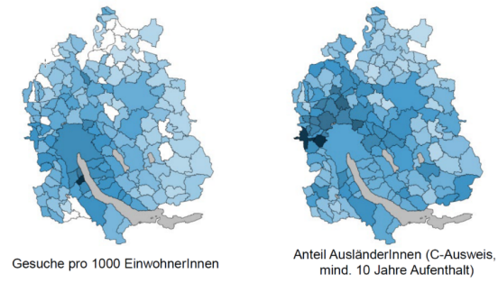  Zwei Grafiken vom Kanton Zürich mit seinen Gemeinden. Die Linke Grafik zeigt die Gesuche pro 1000 EinwohnerInnen und die rechte Grafik den Anteil der AusländerInnen mit C-Ausweis und mind. 10 Jahre Aufenthalt.