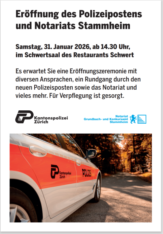 Flyer mit den Angaben zum Anlass und Bild eines Polizeiautos
