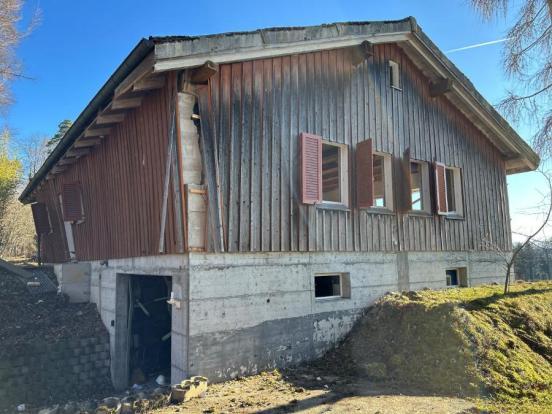 Ein Haus, bei welchem die linke Wand stark beschädigt ist.