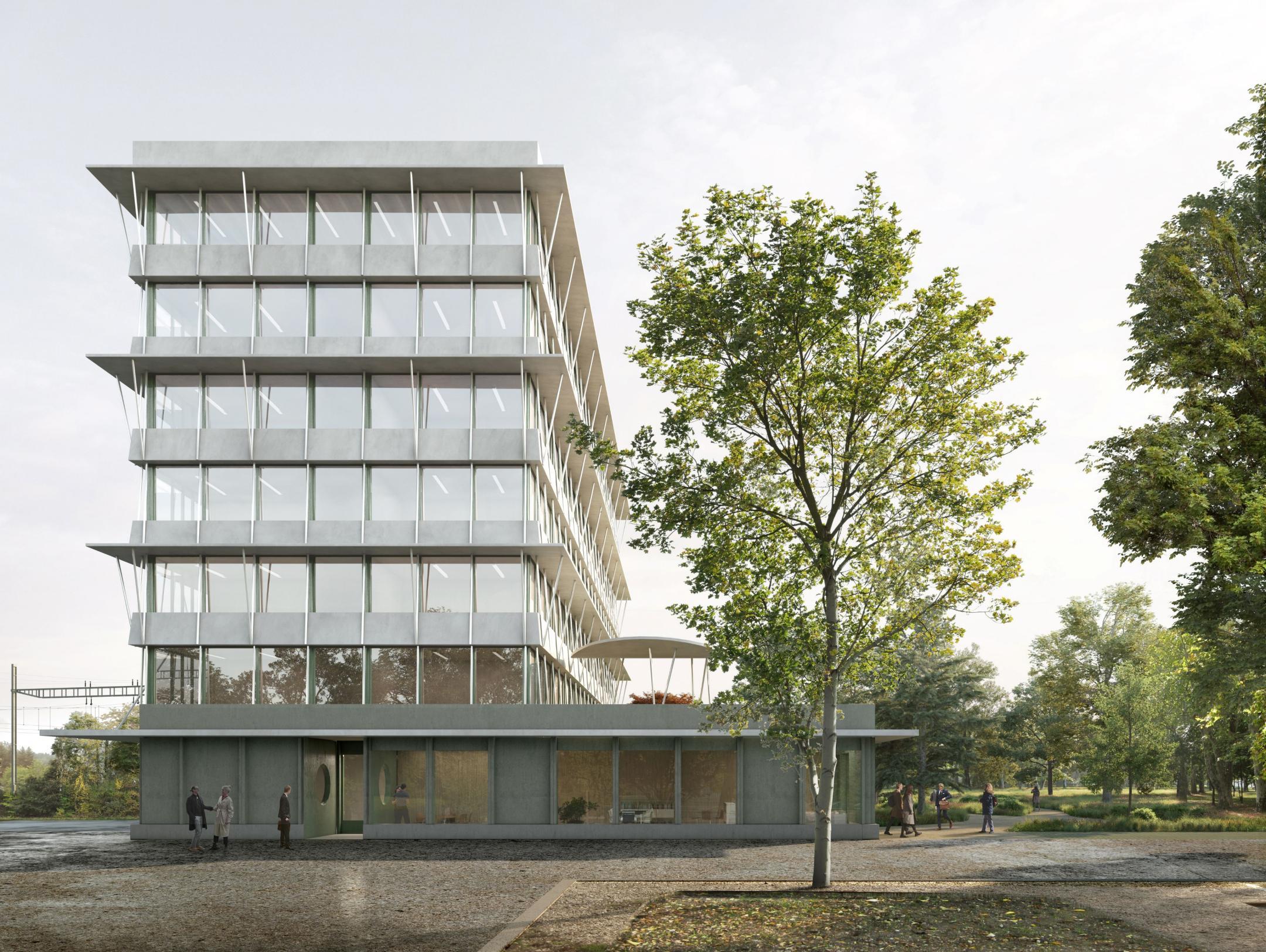 Modernes mehrstöckiges Gebäude mit Glasfassade, umgeben von Bäumen und Fussgängern.