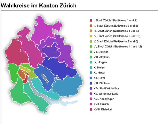 Farbige Grafik mit den Wahlkreisen vom Kanton Zürich