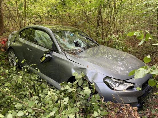 grauer Personenwagen steht nach einem Unfall m Unterholz 