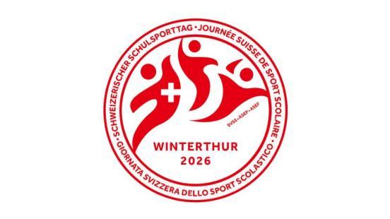 Runde, rotes Logo auf weissem Grund mit Schriftzug Schweizerischer Schulsporttag 2026 Winterthur