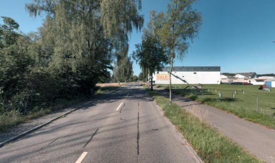 Eine asphaltierte Strasse führt unter blauem Himmel perspektivisch in die Ferne. Links säumen dichte, grüne Bäume und Gebüsch den Fahrbahnrand, während rechts ein schmaler Rad-/Gehweg verläuft. Dahinter erstreckt sich eine Rasenfläche mit einem Agility-Parcours für Hunde vor einem grossen, weissen Industriegebäude mit der Aufschrift «SALE».