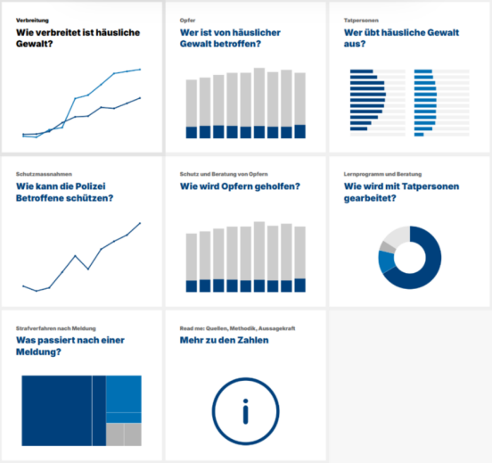 Verschiedene Symbol-Grafiken zu den Themen, welche die erneuerte Monitoringseite behandelt.