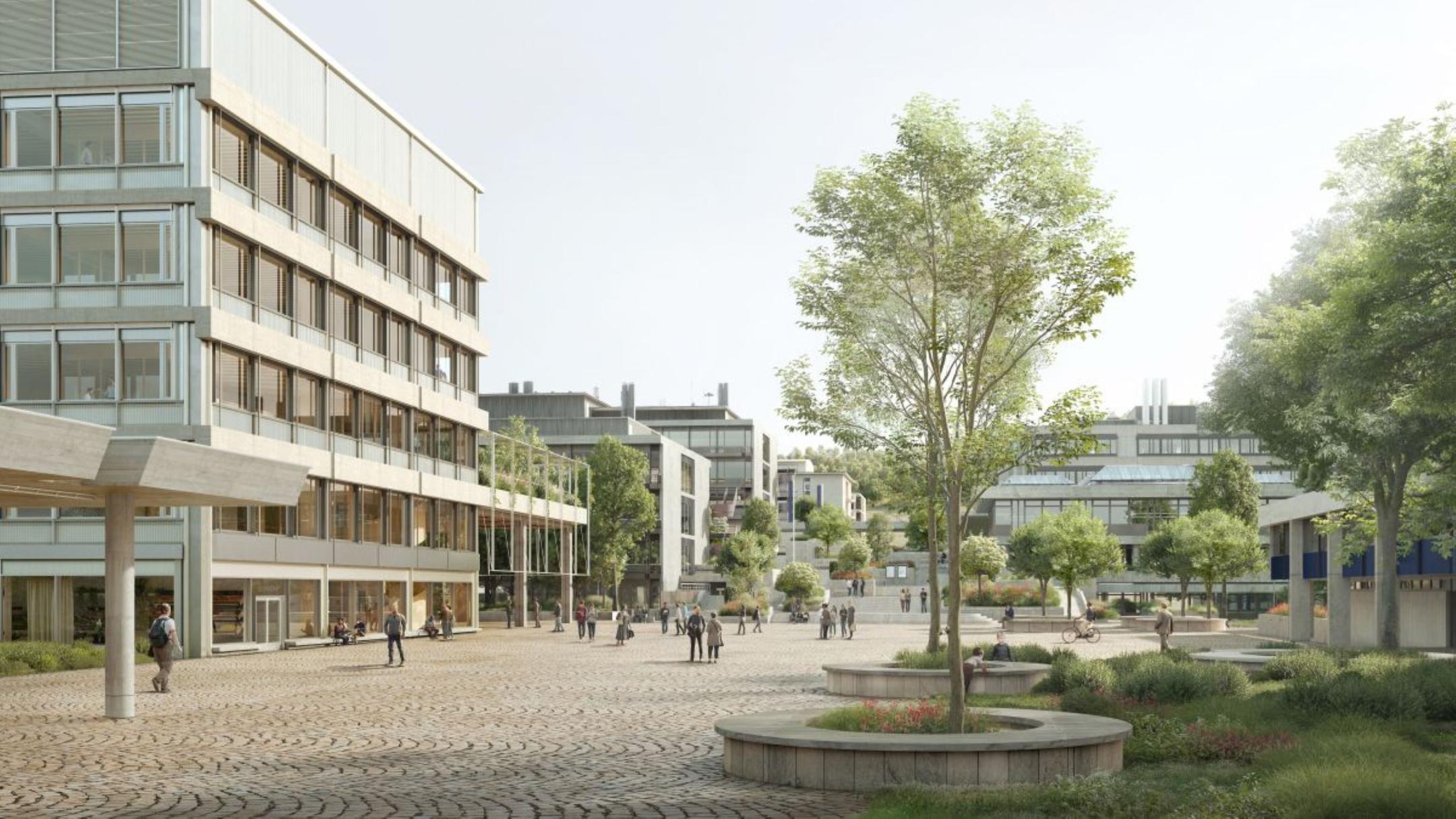 Visualisierung mit Aussenansicht des Eingangsbereichs.