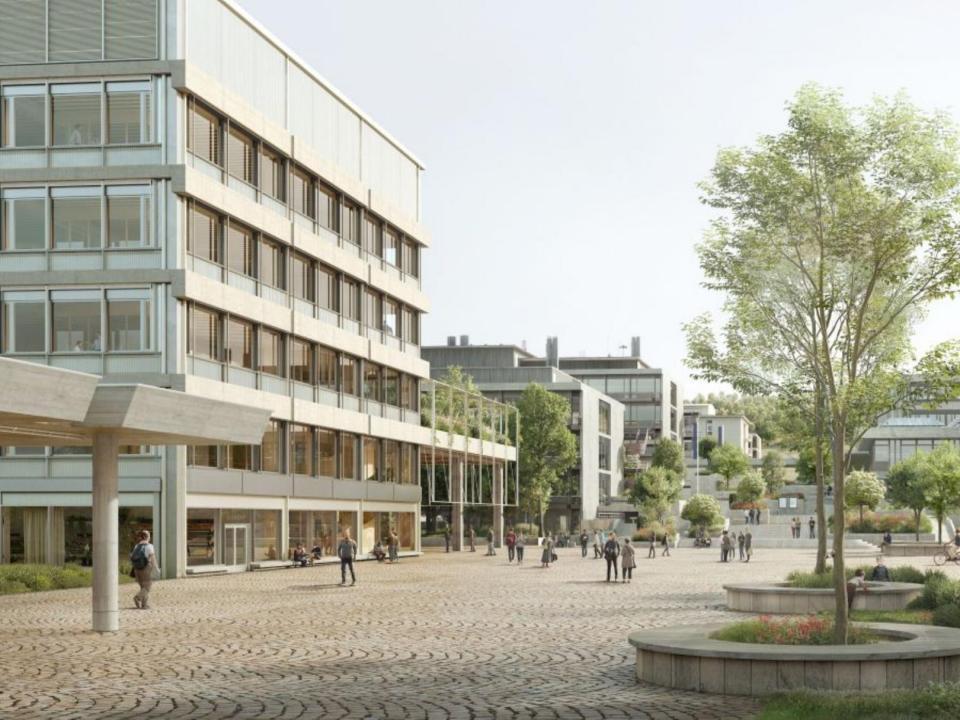 Visualisierung mit Aussenansicht des Eingangsbereichs.