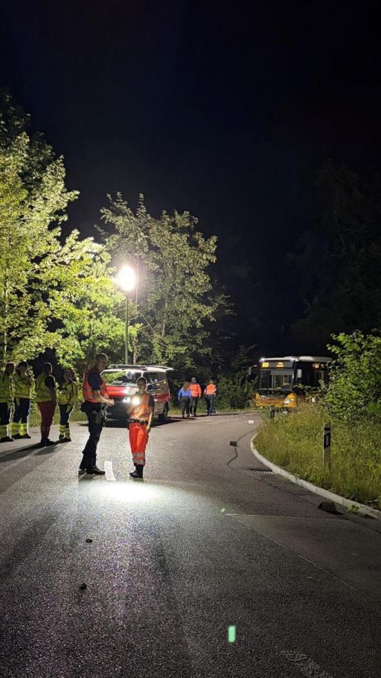 Eine Rechtskurve in der Nacht. Im Hintergund steht das Postauto, im Vordergrund diverse Polizisten.