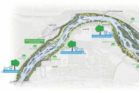 Das Bild zeigt den neuen Verlauf der Limmat. Markiert sind die verschiedenen Zonen für die Natur, Naherholung und Mischzonen für Mensch und Natur.