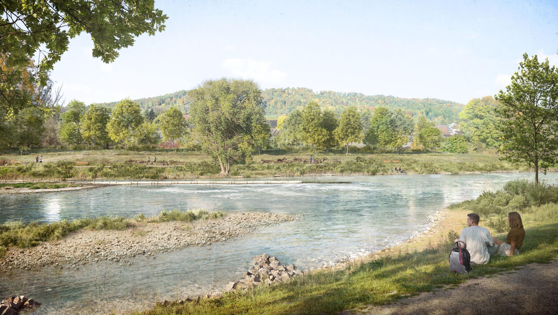 Visualisierung der revitalisierten Limmat. Am relativ flachen Ufer sitzen zwei Personen im Gras und blicken auf die Limmat.  Im Fluss hat sich eine Kiesinsel gebildet, auf welcher etwas Gras wächst. Am gegenüber liegenden Ufer ist die Lärmschutzwand vor der Autobahn hinter den neuen Bäumen und Büschen kaum mehr sichtbar.
